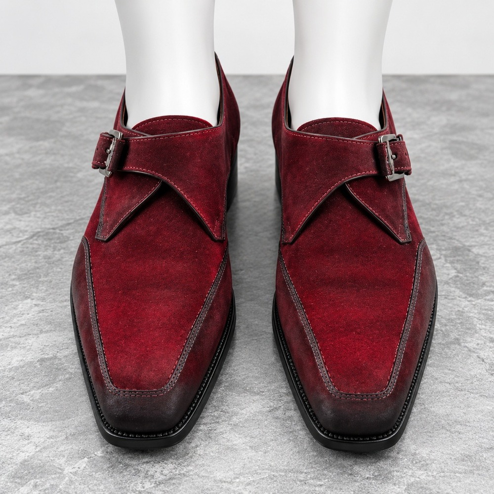 Mezlan Single Monk Strap Loafers Mens 10.5 M Burgundy Red Suede Square Toe